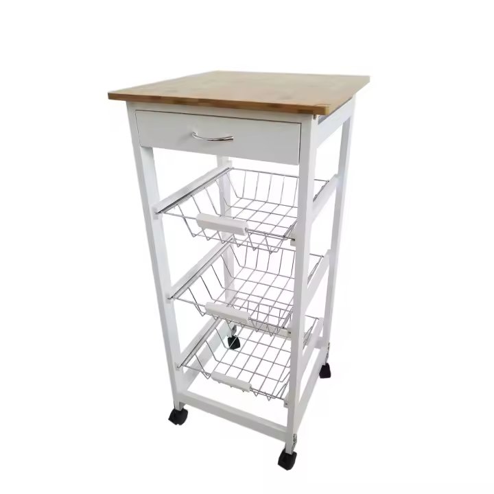 Meyvaser Verdulero frutero, Carro de Cocina con Ruedas, 37x37x85 Blanco Tapa Madera Oporto 6 - 1