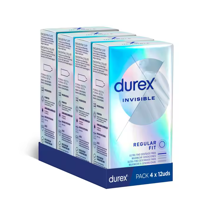 Durex - Condones Invisible, Pack de 48 Preservativos para Sexo Seguro. Perímetro Regular, Grosor Ultra Fino. 4 Cajitas - 1