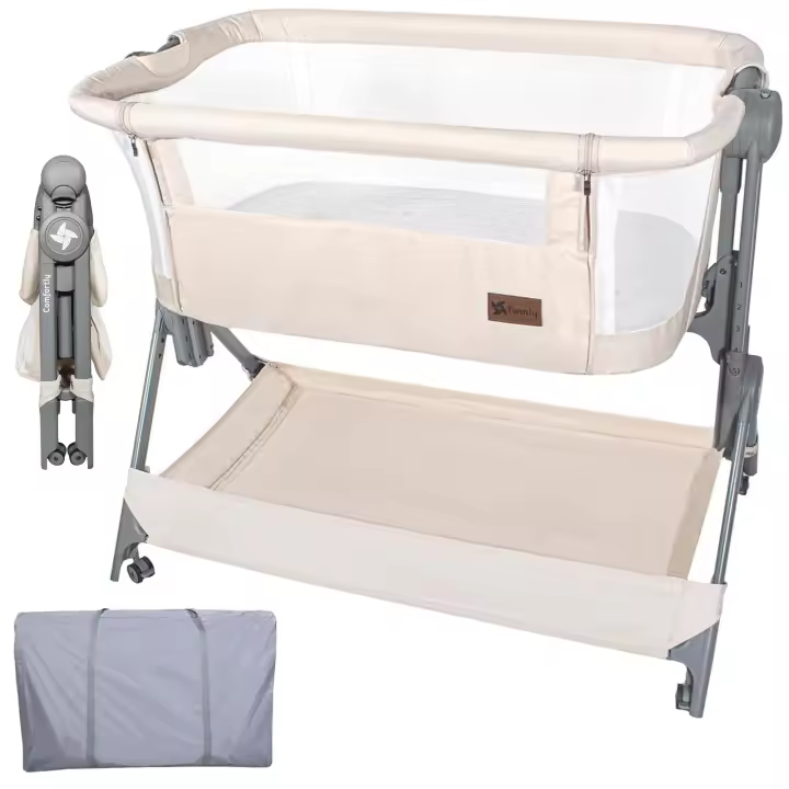 Twinly - Cuna Colecho bebé Minicuna Viaje portátil, fácil Plegado Compacto Altura Ajustable 5 Posiciones, Nacimiento 0+ hasta 6 Meses Comfortly – Bolsa Transporte, colchón, Cesta, sin Montaje - 1