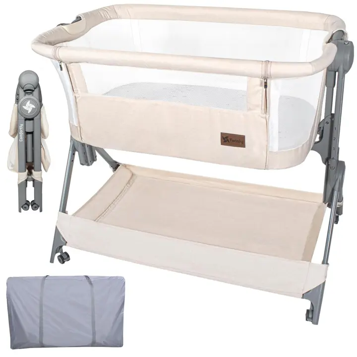 Twinly - Cuna Colecho bebé Minicuna Viaje portátil, fácil Plegado Compacto Altura Ajustable 5 Posiciones, Nacimiento 0+ hasta 6 Meses Comfortly – Bolsa Transporte, colchón, Cesta, sin Montaje - 1