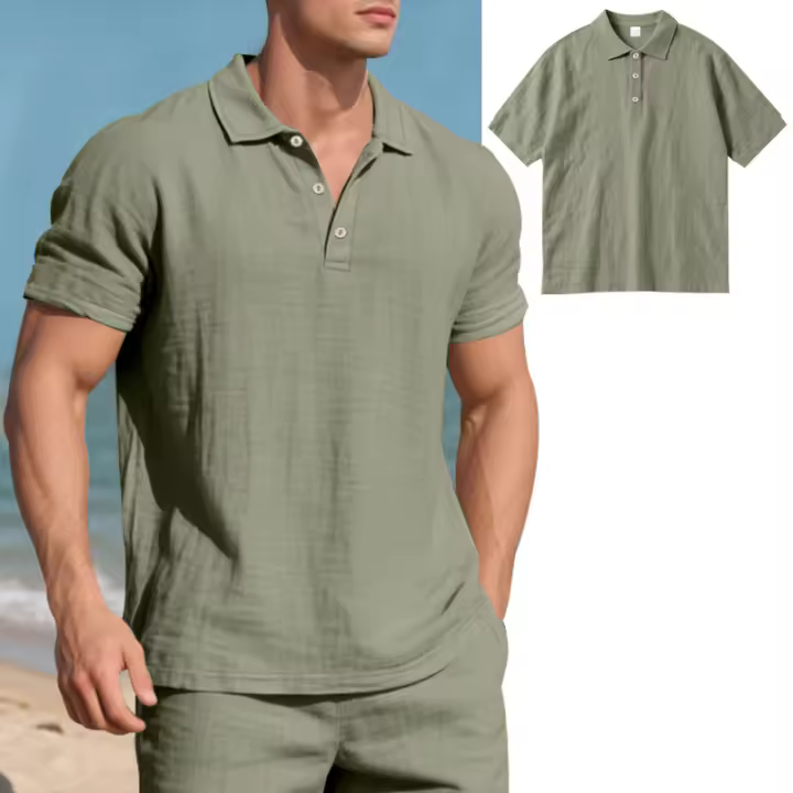 MOV-Camisa POLO de manga corta con solapa y botones, informal, de lino, transpirable, estilo británico, de verano para hombre - 1