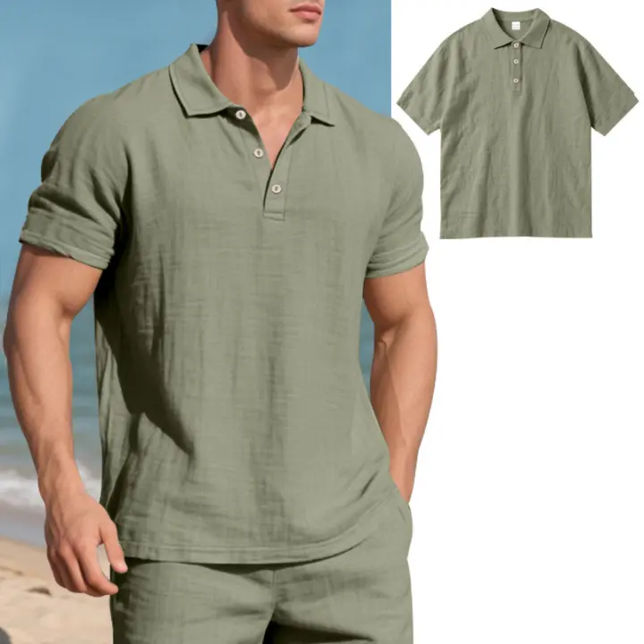 MOV-Camisa POLO de manga corta con solapa y botones, informal, de lino, transpirable, estilo británico, de verano para hombre - 1