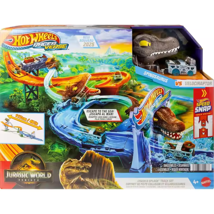 Hot Wheels RacerVerse Jurassic World Choque y zambullida Conjunto con vehículo metálico de velocirraptor, carrera jurásica contra el espinosaurio (Mattel JFP32) - 1