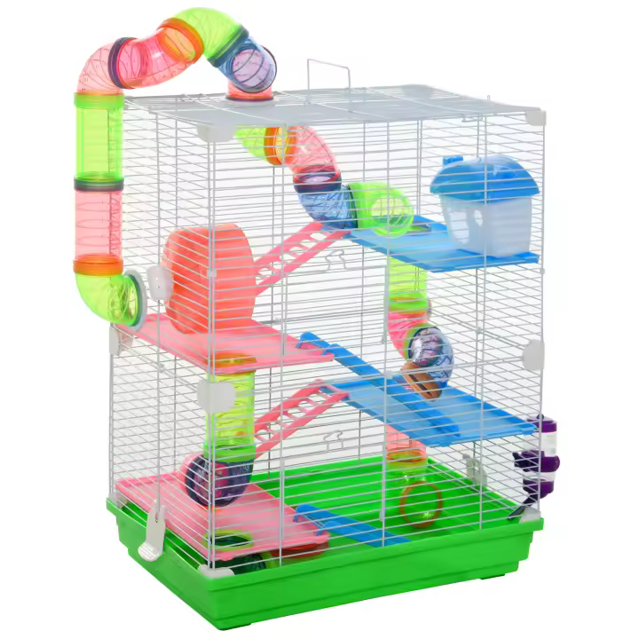 PawHut Jaula para Hámster Casa para Animales Pequeños con Túnel Plataformas Cuenco Bebedero Casita Rampas y Rueda de Ejercicio 46x30x58 cm - 1