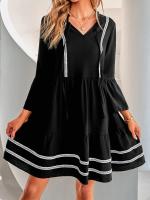 Vestido De Encaje Casual Sencillo De Color Sólido Con Cuello En V Y Mangas Bell Sleeves Plisadas De Polyester Para Mujer - details 1