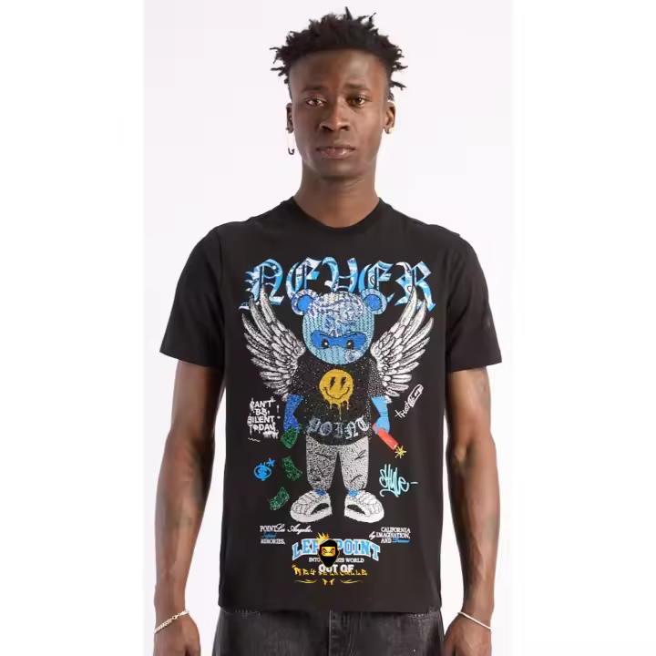 Camiseta Left Point Negra Pedrería Brillante Oso Ángel Azul - 1