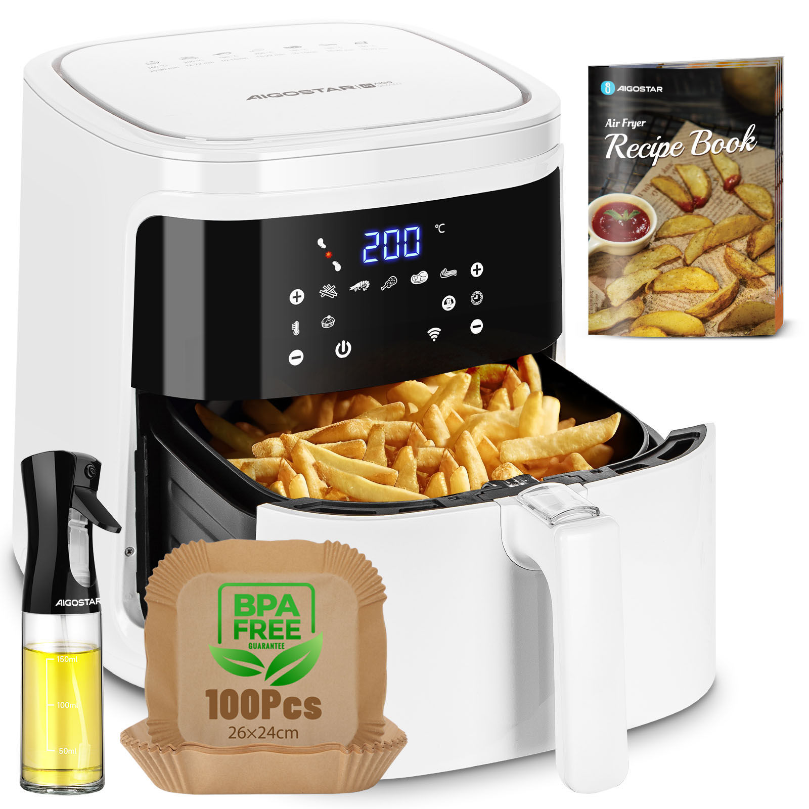 Combo Freidora de Aire Inteligente 1900W 7L + 100 Hojas Papel para Freidora de Aire, Conexión Wifi, 7 Funciones Preestablecidas, Panel LED Táctil, Pulverizador Aceite Spray, Recetario, BPA-Free, AIGOSTAR