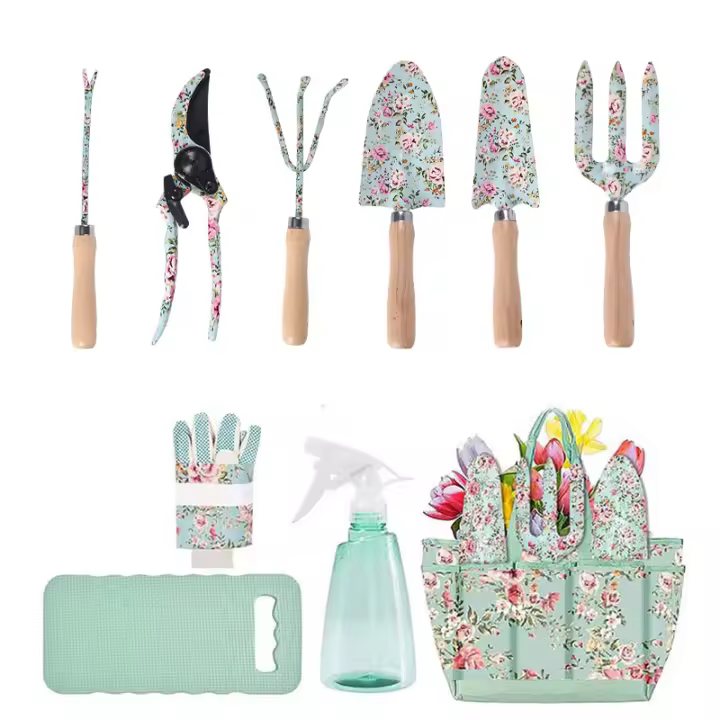 Juego de jardinería de moda de 10 piezas con mango de madera impreso para el hogar, pala de hierro, rastrillo y tijeras, herramientas de jardín. - 1