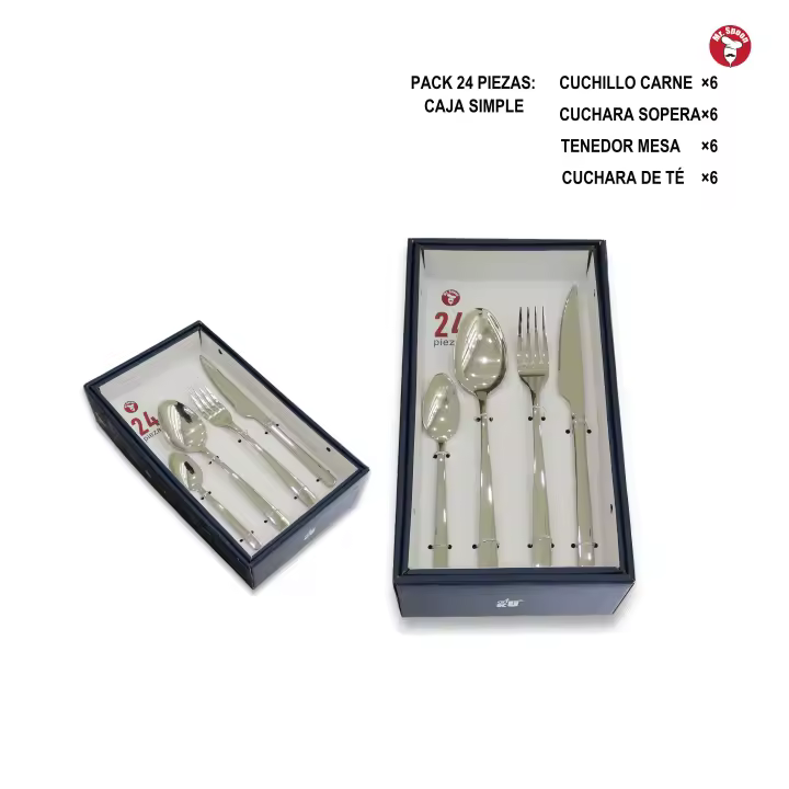 Mr.Spoon Serie Esencia Juego de 24 o 48 piezas cubiertos,Acero Inox 18/0,Económico y funcional,Incluye cuchillo de carne o mesa,tenedor,cuchara,cucharilla,Mango monobloque,Apto para lavavajillas,Empaque ecológico,Ideal para casa,hotel,restaurante,90302 - 1