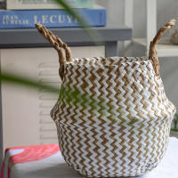 Bolsa De Almacenamiento Bohemia De Paja Con Estampado Rayado Y Florales Hecha a Mano Plegable Para Ropa Jardín Maceta - details 13