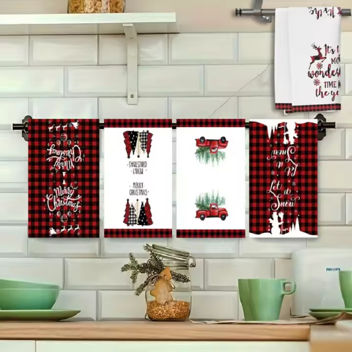 Toallas De Navidad a Cuadros Rojas Y Negras 5 Piezas Absorbentes Secado Rápido No Desvanecimiento No Caída De Pelusa Para Pelo - 1