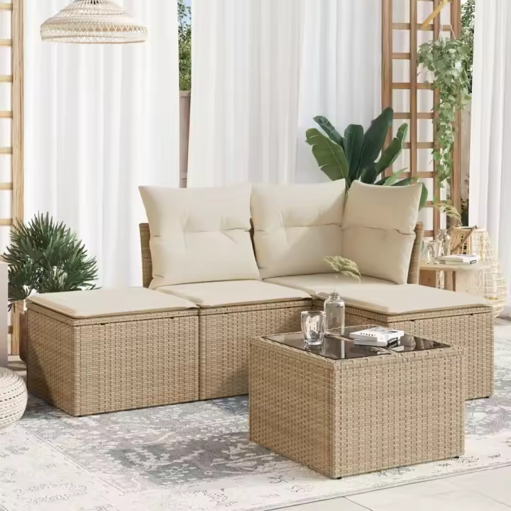 vidaXL Juego de sofás jardín con cojines 5 pzas ratán sintético beige - 1