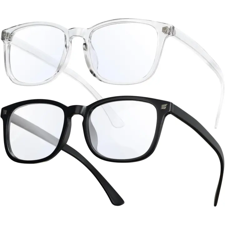 Paquete de 2 gafas con bloqueo de luz azul, para leer en la computadora, jugar, ver televisión y usar el teléfono, para mujeres y hombres, antifatiga visual y antirreflejos UV (negro claro + transparente) - 1