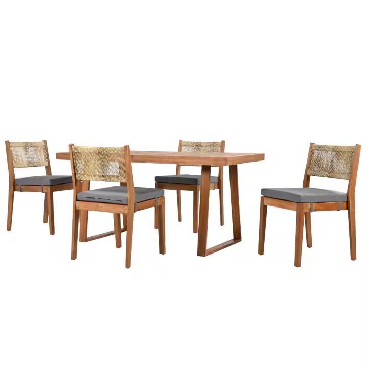 Juego de Mesa de Comedor de Exterior de 5 Piezas para 4, Respaldo de Silla de Ratán PE, Tabla de Mesa y Sillas de Madera de Acacia, Patio de Jardín - 1