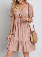 Vestido Casual De Verano Para Mujer Con Manga Corta Volantes A-Line V-Neck Bohemio Elegantemente Diseñado Para Fiestas En La Playa - details 3