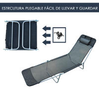 Tumbona Inclinable Plegable para Jardin Playa o Piscina con Almohada Acero y Textilene 182x56x24.5 cm Negro - details 4