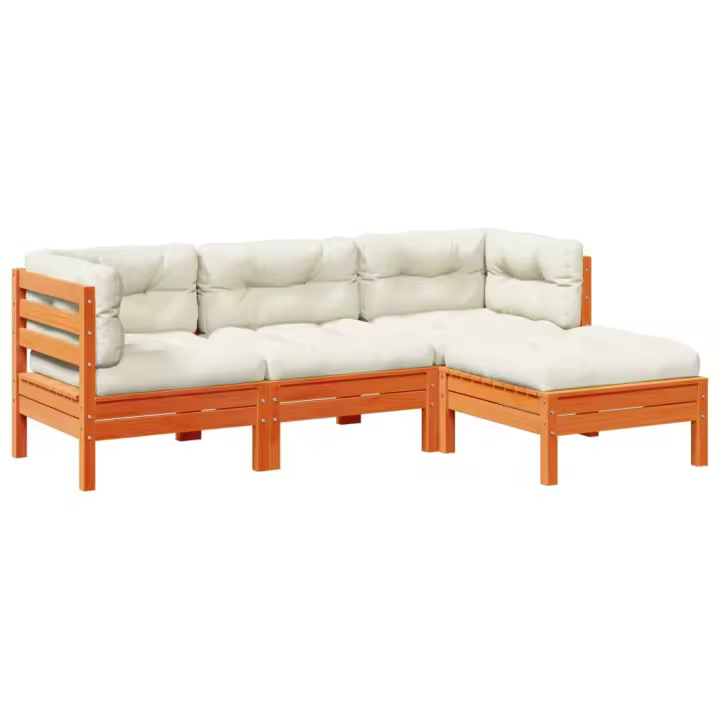 vidaXL Set de sofás jardín 4 pzas con cojines madera pino marrón cera - 1