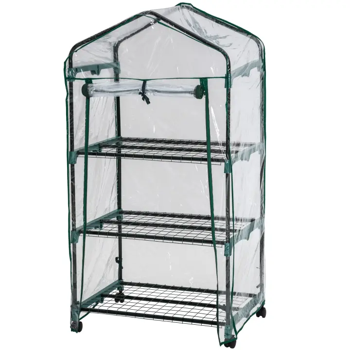 Tectake - Invernadero con 3 estantes 69 x 49 x 125 cm  Protege las plantas del frío, la lluvia y la escarcha  Entrada: 51 x 104 cm enrollable y con cierre  Con ruedas para moverlo fácilmente - 1