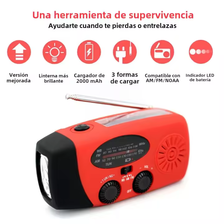 Radio De Emergencia Portátil Con Solar Y Manivela De Manivela 10000mAh Con LED Y Cargador USB Luz De Mano Recargable Para Clima NOAA AM FM - 1