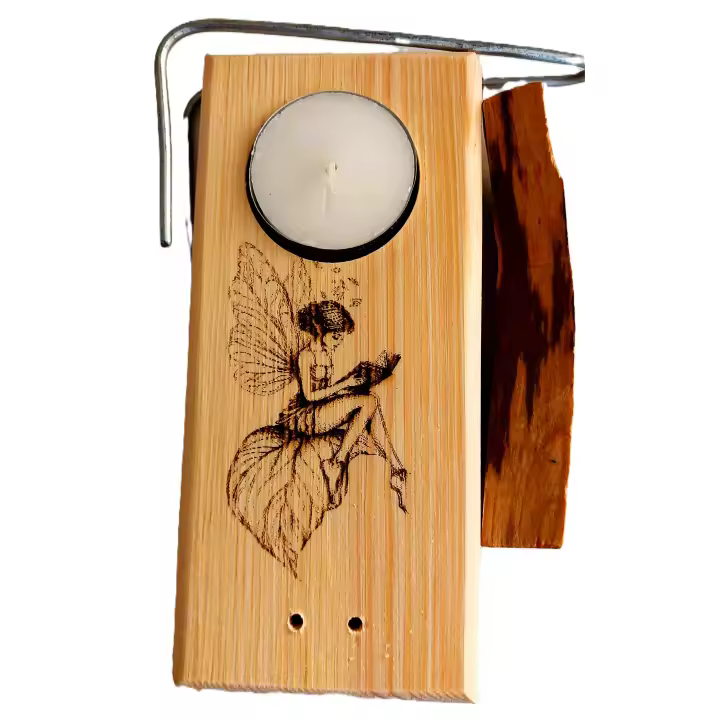 YA-DECOREGALOS Quemador para Pao Santo, Inciensos o atados fabricado artesalmente con soporte de madera varillas metalicas, incluye palo santo y vela de té, imagen de hada. - 1