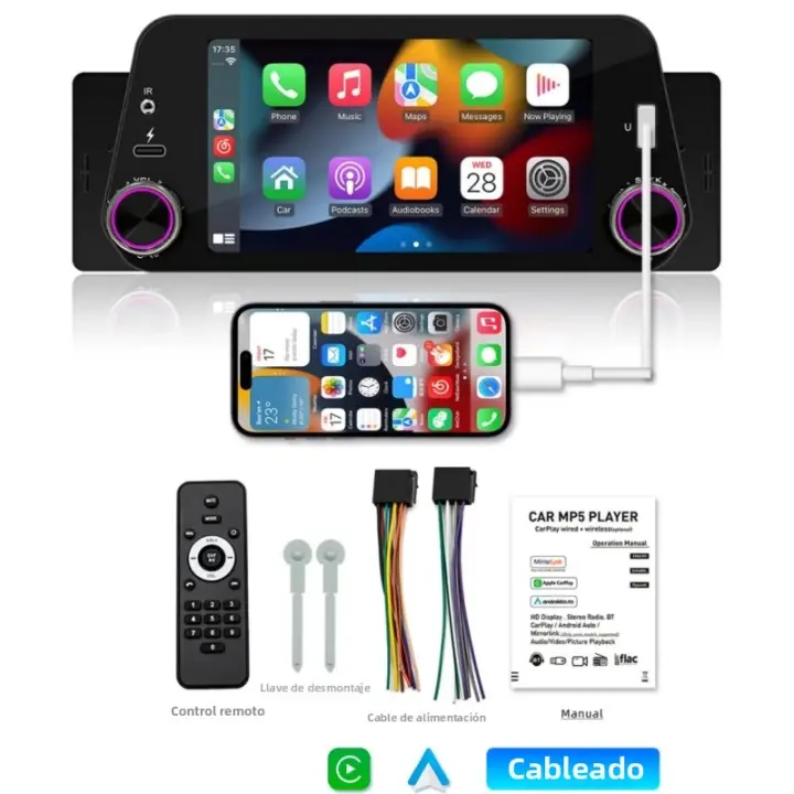 Reproductor Multimedia Para Coche 1Din Pantalla Táctil De 5 Pulgadas Soporte Carplay Y Android Auto Navegación Mirrorlink Entrada De Retroceso Universal - 1