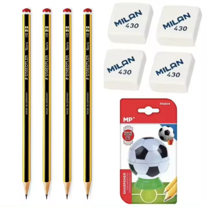 Staedtler - Pack 4 Lapiceros Lápices Noris HB, Milan 4 unds Gomas de Borrar cuadrada Muy Suave, 1 und Sacapuntas,  Goma y Lapicero Ideal para el Colegio, Recambio. Vuelta al Cole, Colegio, Material Escolar Oficina Primaria, Secundaría y Universidad - 1