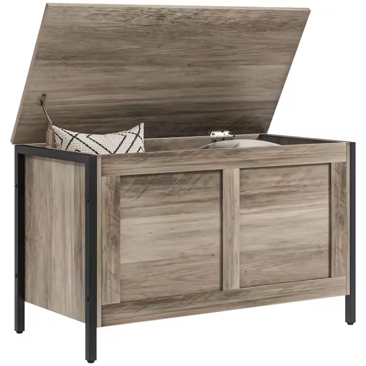 HOMCOM Baúl de Almacenaje para Dormitorio 95 L Banco de Almacenaje con Tapa Bisagra de Seguridad para Pasillo Salón 80x40x50 cm Marrón Grisáceo - 1