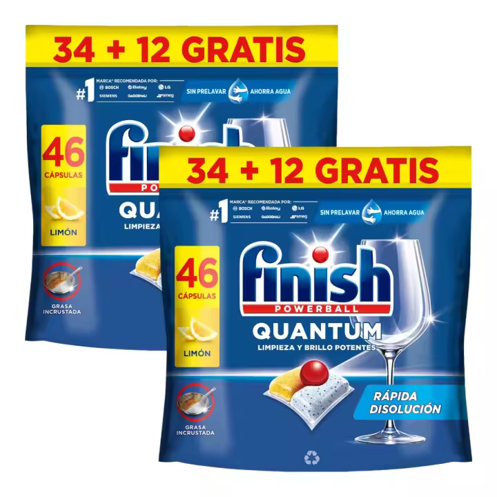 Finish Powerball Quantum Pack de 2 bolsas de lavavajillas Limpieza y Brillo Potentes limón bolsa 46 pastillas (el envase puede variar) - 1