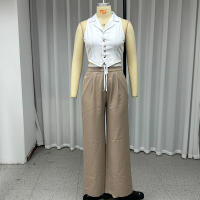 Conjunto De Dos Piezas Para Mujer Wefads Estilo Casual Sencillo Sin Mangas Cuello En V Botones Con Cordón Pantalones Rectos Abiertos En La Cintura - details 1