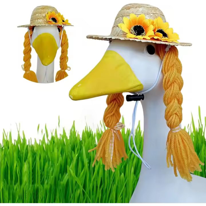 Peluca trenzada de ganso de porche con sombrero de girasol para césped de 58 cm, estatuas de gansos de cemento plástico, disfraz de ganso de verano, peluca trenzada de ganso de 20 cm para decoración de jardín, patio y patio (amarilla) - 1