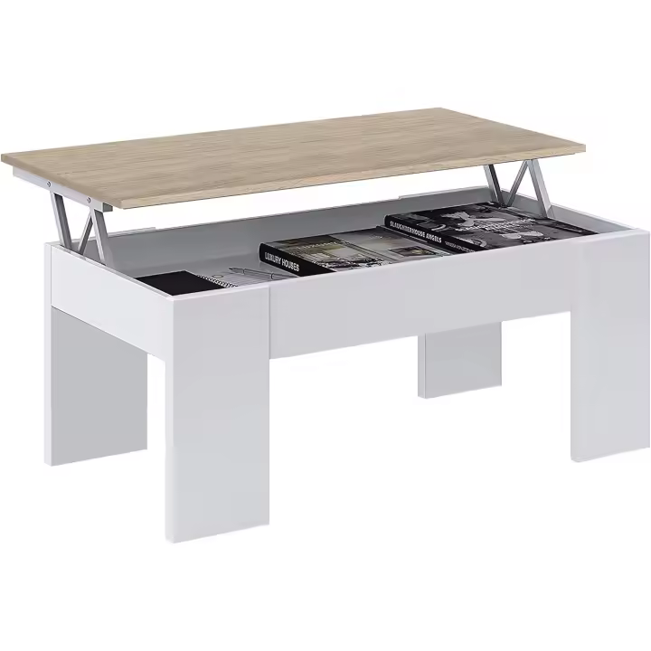 Mesa de Centro Elevable, Mesita de Salón o Comedor, Modelo LC, Acabado en Color Blanco Artik y Roble Canadian, Medidas: 100 cm (Ancho) x 50 cm (Fondo) x 45-56 cm (Alto) - 1