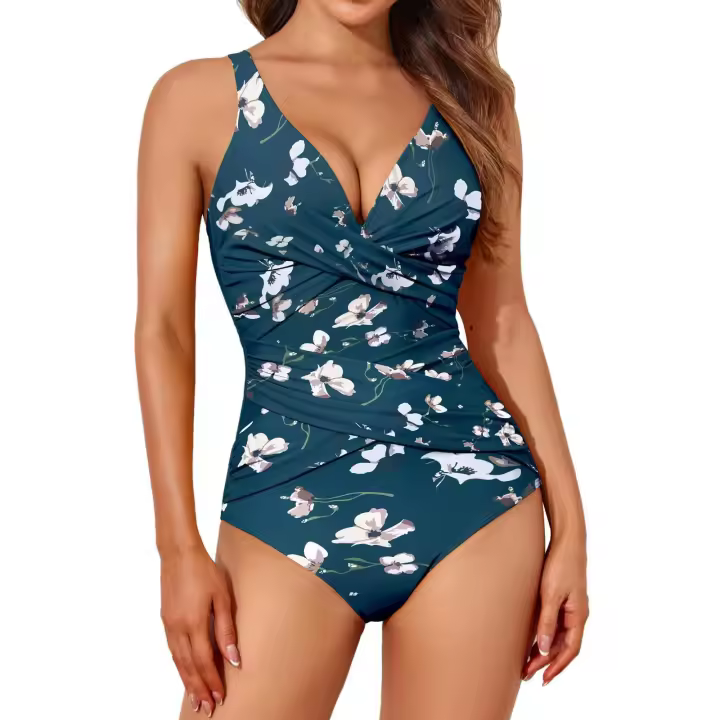 Bañador de una pieza con Control de barriga para mujer, traje de baño modesto con cuello en V - 1