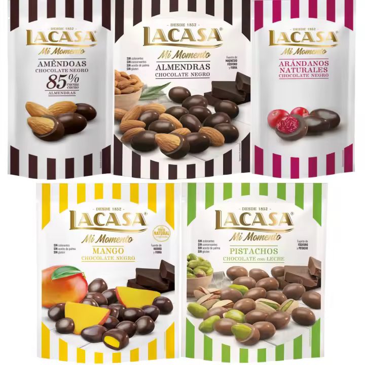 Lacasa Mi Momento pack de 5:Arándano choco Negro 60G,Almendra 85% 65G,Almendra choco Negro 125G,Pistacho Leche 100G,Mango choco Negro 115G - 1