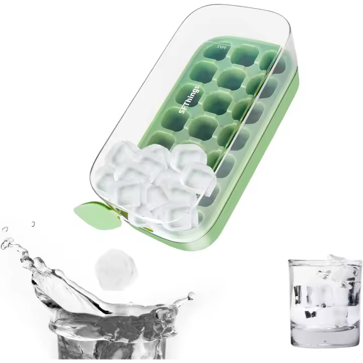 Bandeja para Hielos con Tapa y Contenedor, 21 cubos, silicona de grado alimenticio, fácil desmoldado, llenado rápido, sin contacto, ideal para whisky y otras bebidas, m-Verde. - 1