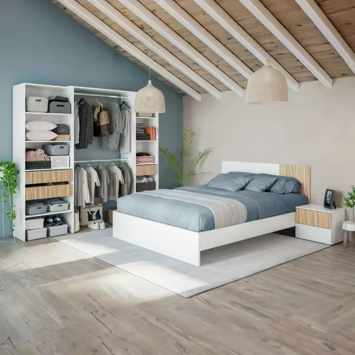 Pack Dormitorio Ethna Cama, Cabecero, Mesitas y Vestidor color Blanco Y Natur - 1