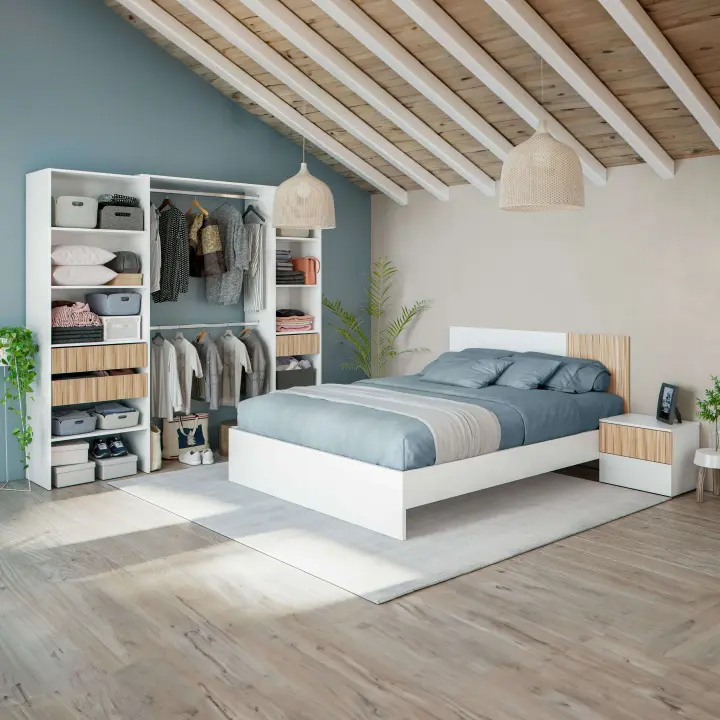 Pack Dormitorio Ethna Cama, Cabecero, Mesitas y Vestidor color Blanco Y Natur - 1