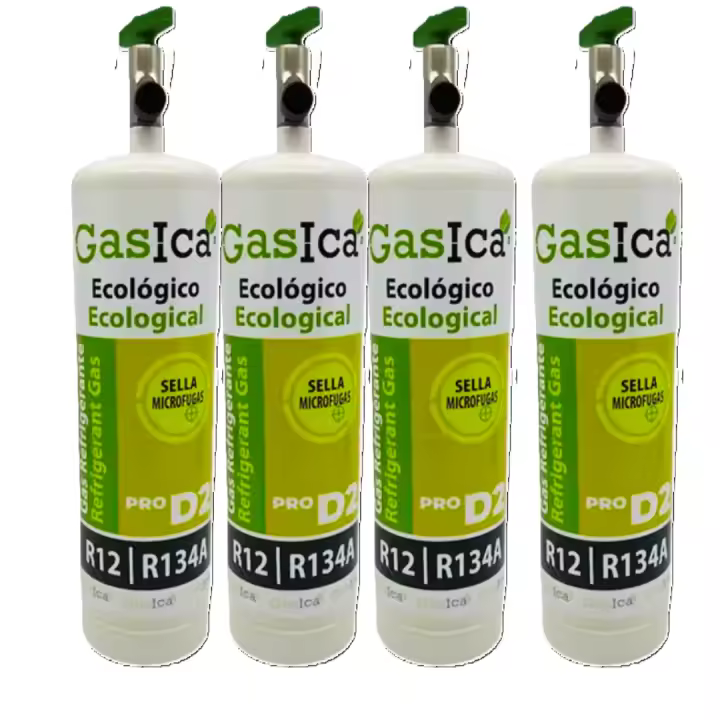 PACK ahorro x4 botellas Refrigerante D2 PRO 400gr - Sustituto R134A-R12 ecológico - Máximo rendimiento para aire acondicionado coche - 30% de ahorro - Marca confiable - 1