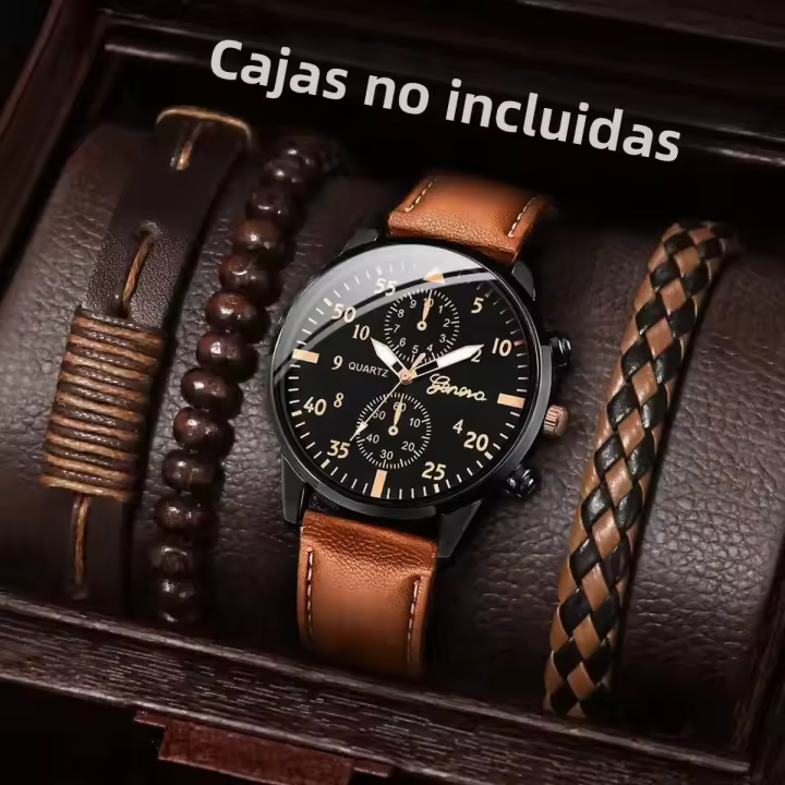 Set De 4 Relojes De Pulsera De Cuarzo Para Hombre Estilo Casual Y Vintage Con Correa De Cuero Relojeros Sin Caja - 1