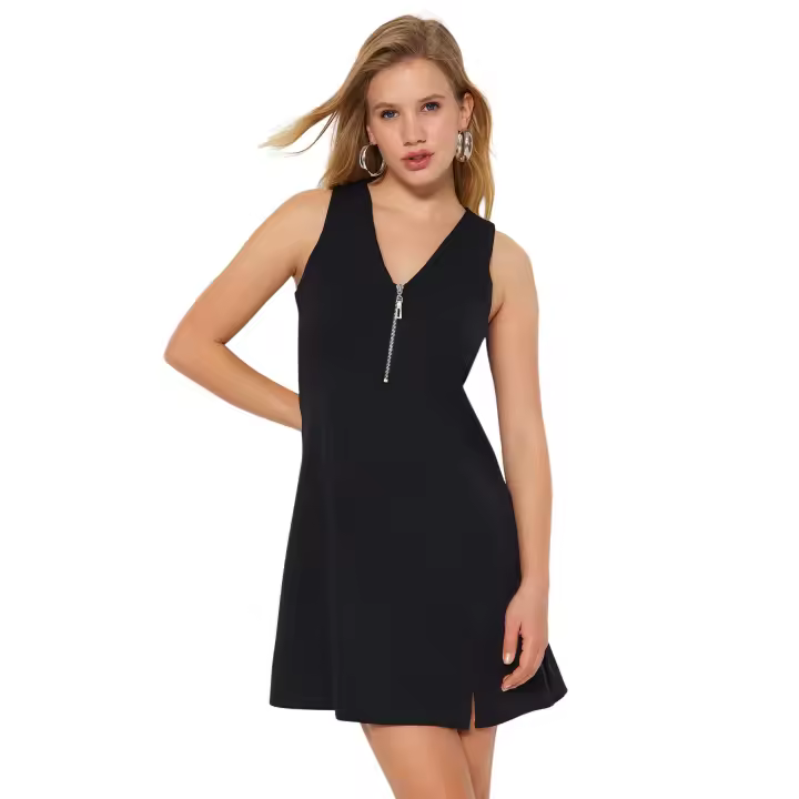 Trendyol Black Waist Opening Mini Woven Zipper Collar Detailed Woven Dress Twoss23El01925 - 1