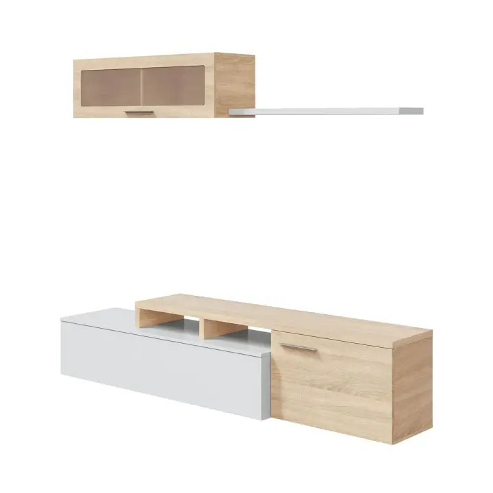 Conjunto de Salón Flex Completo – Diseño Moderno y Funcional, Mueble TV con 2 puertas y huecos pasacables, Módulo superior con vitrina de cristal mate, Sistema de apertura “PUSH” - 1
