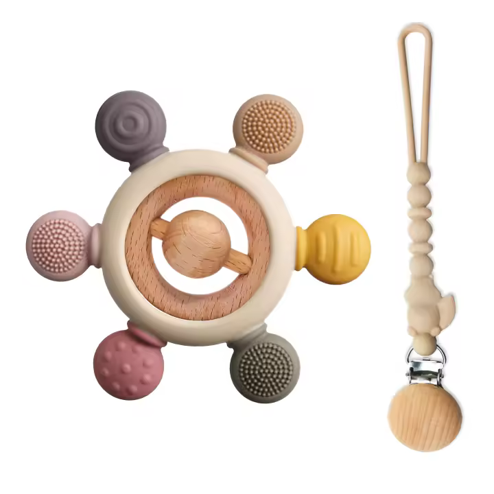 Bosmik Mordedor bebe con Chupetero - Juguetes bebes 0-3 meses para la dentición - Mordedores bebes 3-6meses sensorial, silicona grado alimenticio libre de BPA - Regalo bebe - Timon A + cadena - 1
