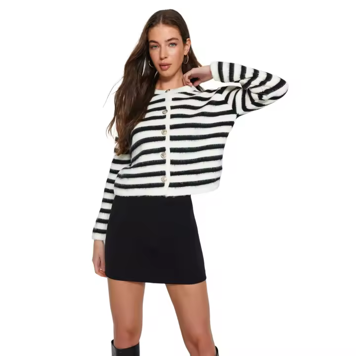 Trendyol Ecru Soft Texture Striped Jacket Look Knitwear Cardigan Twoaw24Hi00040 - 1