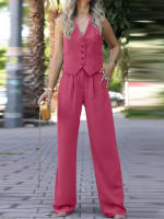 Conjunto de mujer, traje de señora para primavera y verano, chaleco sin mangas con cuello en V, pantalones wide-leg de corte relajado y caída fluida, conjunto casual. - details 2