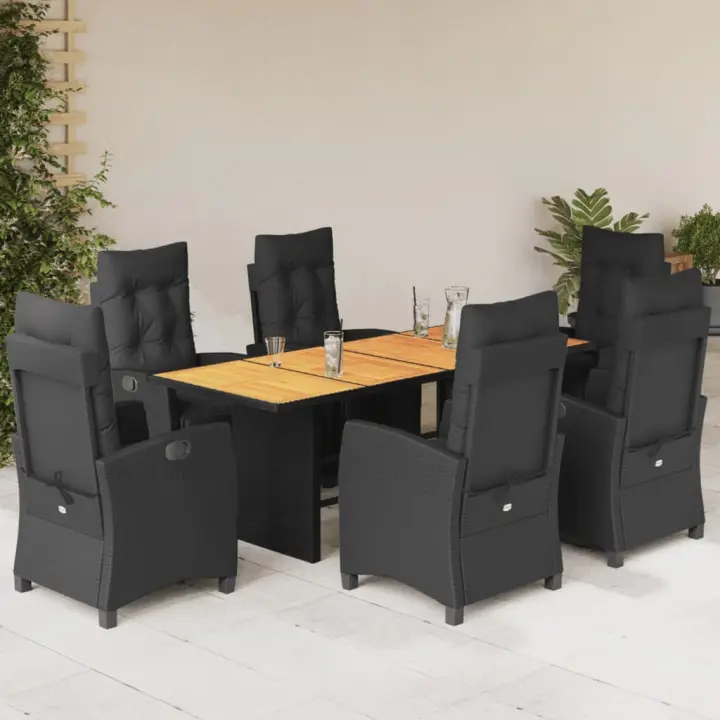 vidaXL Set de comedor de jardín 7 pzas y cojines ratán sintético negro - 1