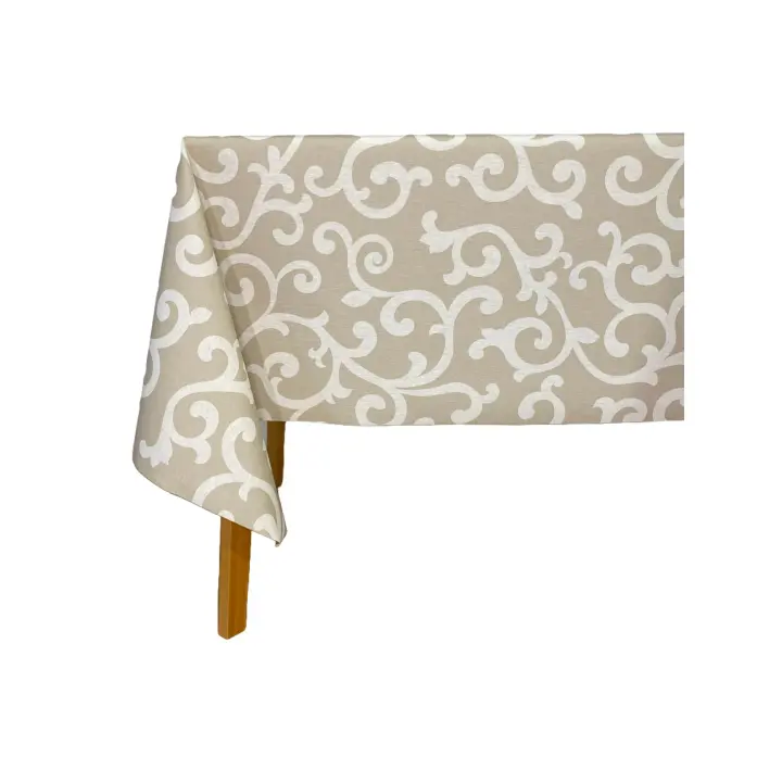 Mantel antimanchas de tela resinada, impermeable color beige  con ornamentos en color blanco - Hulehule Tex - ATENAS BEIGE - 1