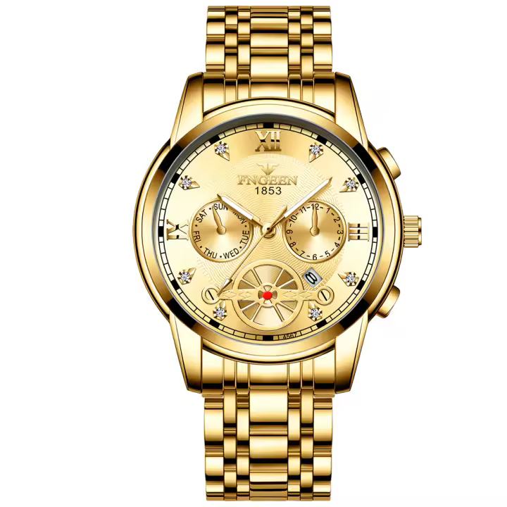 Reloj De Pulsera De Lujo Para Hombre FNGEEN Reloj De Cuarzo Resistente Al Agua En Acero Inoxidable Y Oro Estilo Business Con Display Numeral Romano - 1