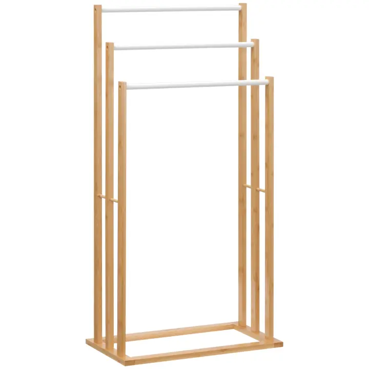 HOMCOM Toallero de Pie de Bambú con 3 Barras Toallero Independiente de 3 Niveles para Baño Lavadero 48x25,8x94 cm Natural - 1