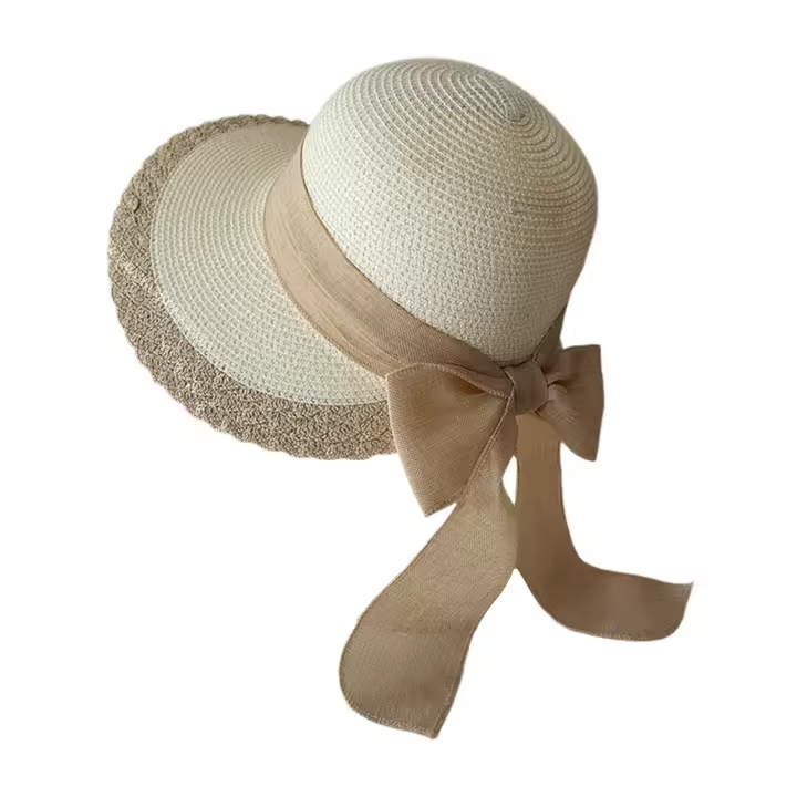Sombrero De Paja Ancha Para Mujer Con Borde De Encaje Y Lazo Para Deportes Al Aire Libre Senderismo Y Viajes En La Playa - 1
