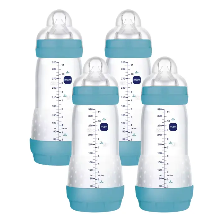 MAM Pack de 4 Biberones Anticólicos, 4+ meses, 320ml, con Tetina 3 Flujo Rápido de Silicona de Fácil Aceptación, Autoesterilizable y Fácil de Limpiar, Easy Start Anti-Colic, Azul Mate - 1