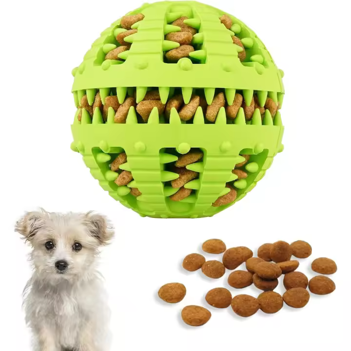 Pelota de juguete para perros, juguete para la dentición para perros pequeños, medianos y grandes aburridos, para limpiar los dientes, dispensador de golosinas, juguete de entrenamiento de coeficiente intelectual (8 cm grande, verde) - 1